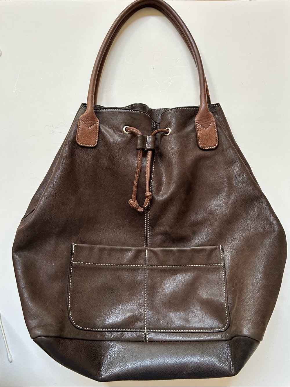 Sundance Classic Brown Leather Rustic Drawstring Tote Bag